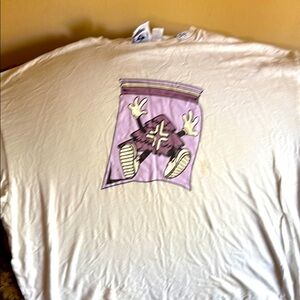 White mens LRG T-shirt with sack of tree man on front in purple